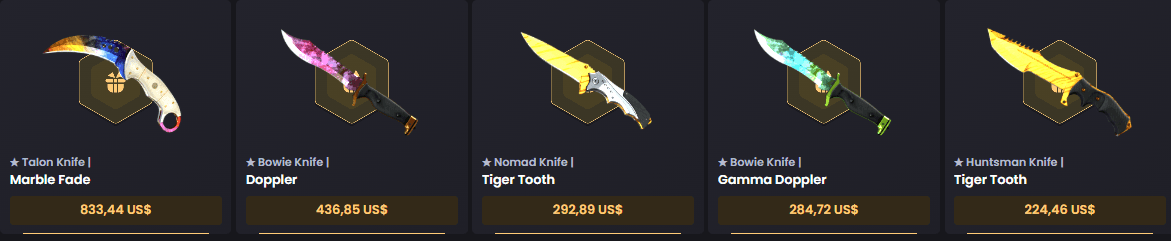 ★ Talon Knife­ | Marble Fade­ + ★ Bowie Knife­ | Doppler­ + ★ Nomad Knife­ | Tiger Tooth­ + ★ Bowie Knife­ | Gamma Doppler + ­★ Huntsman Knife­ | Tiger Tooth­