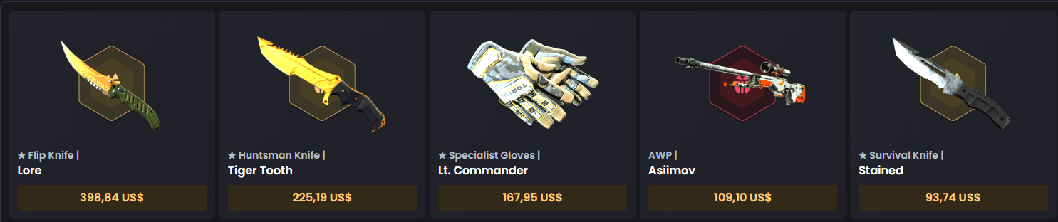 ★ Flip Knife­ | Lore ­★ Huntsman Knife­ | Tiger Tooth ★ Specialist Gloves­ | Lt. Commander­ AWP­ | Asiimov­ ★ Survival Knife­ | Stained­