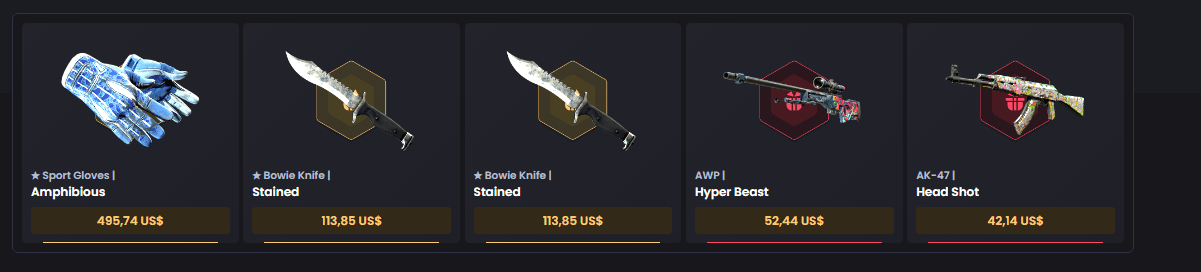 ★ Sport Gloves­ | Amphibious­ ★ Bowie Knife­ | Stained­ ★ Bowie Knife­ | Stained­ AWP­ | Hyper Beast­ AK-47­ | Head Shot­